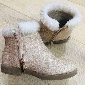 Glittery Gold Ankle Boots with Faux Fur Lining